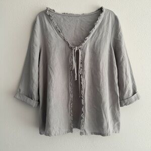 Match Point Grey Linen Tie Front Top Size L Layering Lagenlook Made in USA Boho